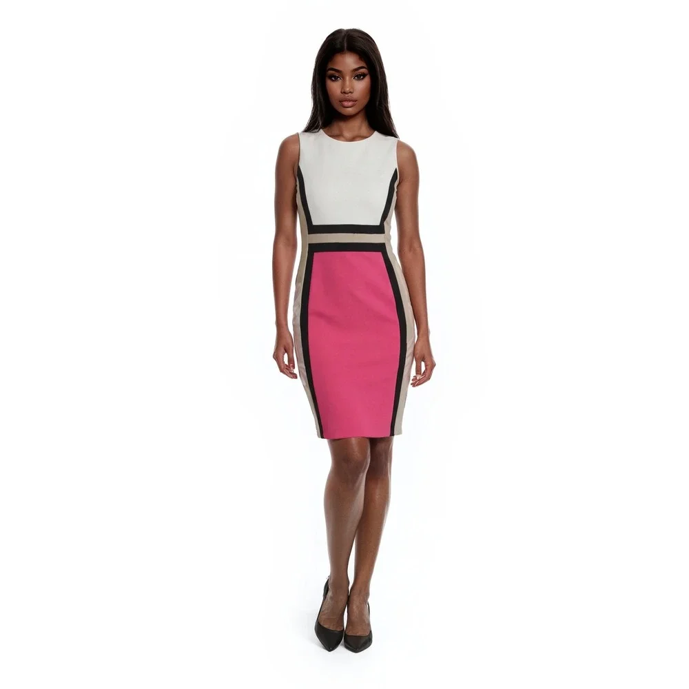 Calvin Klein Dress Women's Size 6 Colorblock Sheath Pink White Tan‎ Black Y2K